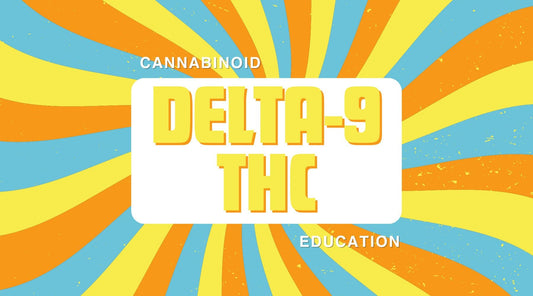 A colorful swirly graphic with text that reads "Cannabinoid Education Series: What is Delta-9 THC" 