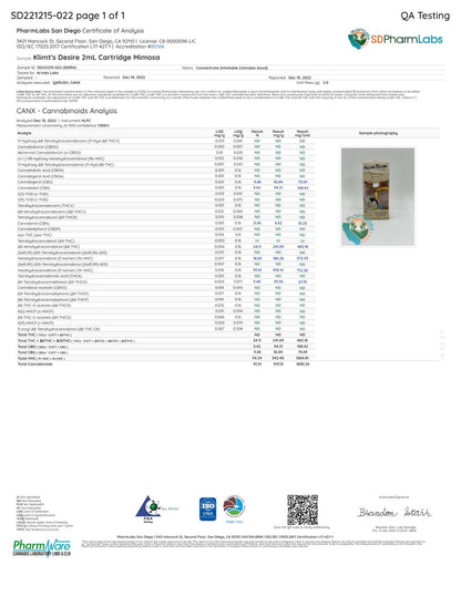 Lab test report of the Mellow Fellow Premium 2ml Vape Cartridge Klimt's Desire Blend Mimosa.
