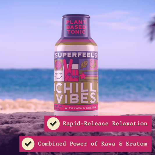 Super Fees Kava and Kratom Shot and drink with text explaining the benefits of this kava kratom product.