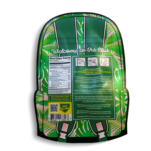 A green bag of Hidden Hills Edibles contains 3000mg flavored gummy belts.