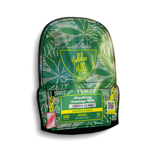 A green bag from Hidden Hills Edibles of 3000mg Strawberry Gumdrop flavor gummy belts.