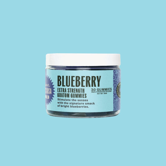 Buy premium Blueberry extra strength kratom gummies from Super Speciosa. Kratom edibles jar with blue background.