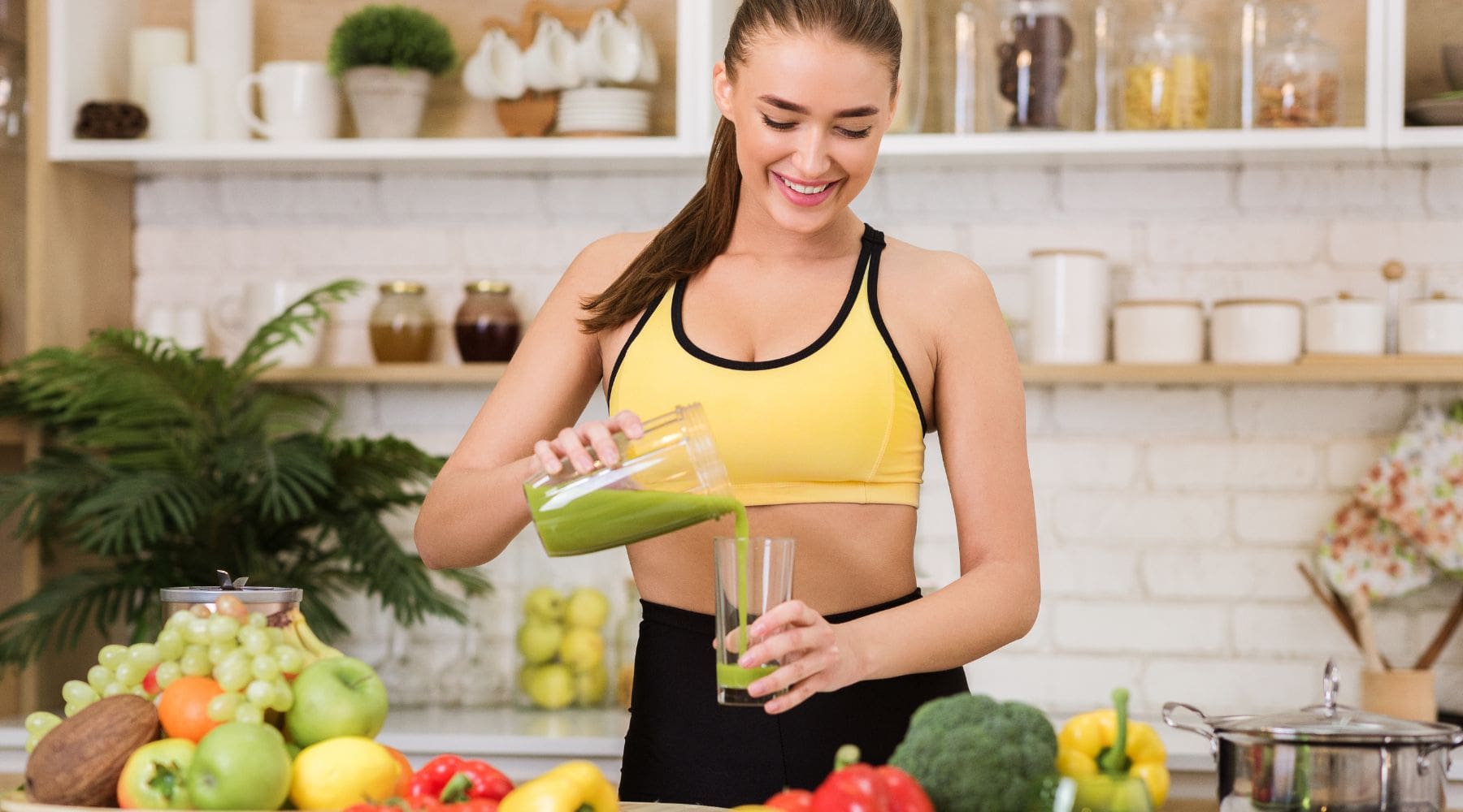 A woman preparing to help her body get THC out of her system faster by drinking water, eating crunchy green vegetables, and going for a run.