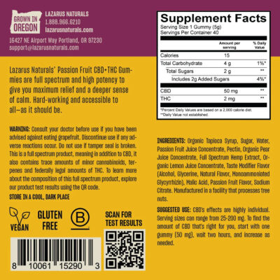 Lazarus Naturals CBD+THC GUMMIES, UNWIND, Passion Fruit - 40 ct / 10ct