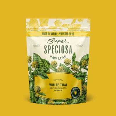 Super Speciosa White Thai kratom tablets in 1 kilogram size and bag.