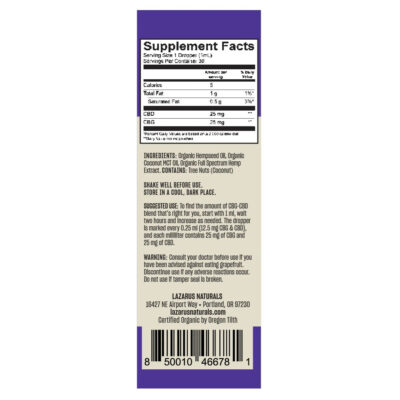 Lazarus Naturals ORGANIC CBD+CBG TINCTURE, 25MG CBD ; 25MG CBG / ML