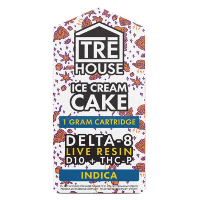 TRĒ House Live Resin Delta 8 THC Vape Cartridge with THC-P + D10 – Ice Cream Cake – Indica 1g