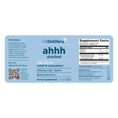 CBDistillery – ahhh Distilled Relief & Relaxation Broad Spectrum CBD Oil – 1000MG–2500MG – 30mL