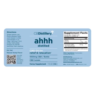 CBDistillery – ahhh Distilled Relief & Relaxation CBD Isolate Oil – 1000MG–2500MG – 30mL