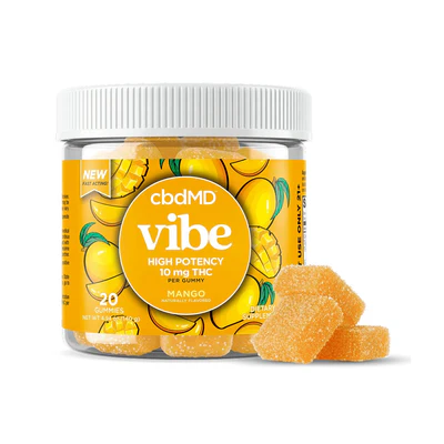 cbdMD – Vibe High Potency Gummies – Full Spectrum CBD + Delta 9 THC Gummies – mango