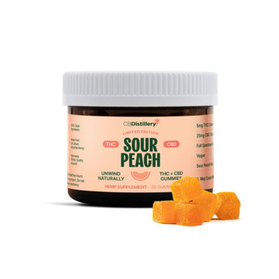 CBDistillery Limited Edition Full Spectrum THC + CBD Gummies Sour Peach – 30 Count