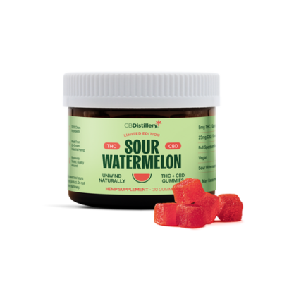 CBDistillery Limited Edition Full Spectrum THC + CBD Gummies Sour Watermelon – 30 Count