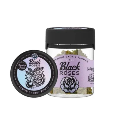 Black Roses THCa Lemon Cherry Runtz 3.5 g jar showcasing dense trichome-covered buds with vibrant citrus and cherry tones