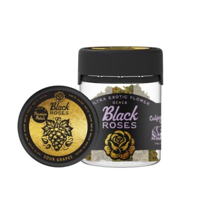 Black Roses THC-A Sour Grape Ultra Exotic Flower 3.5 g jar showing dense purple buds covered in crystal trichomes