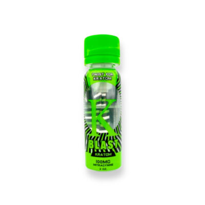 K Blast Kratom Liquid Energy Shot with a VESSL cap, featuring a vibrant label with tropical citrus imagery and text highlighting 100mg of mitragynine, organic ingredients, and a refreshing flavor.