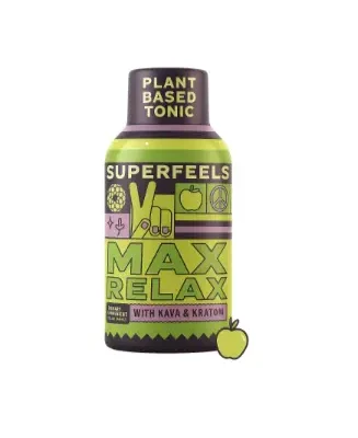 Superfeels Max Relax plant-based tonic shot with Kava and Kratom extract in green apple flavor
