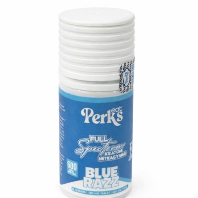 Perks Eat Full Spectrum Kratom Mitragynine Blue Razz flavor tablets bottle