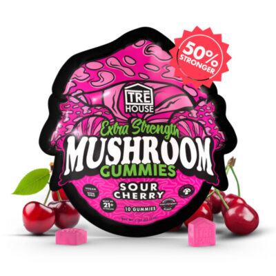 TRĒ House Extra-Strength Mushroom Gummies Sour Cherry flavor 10-count pouch with Neurotonin proprietary blend