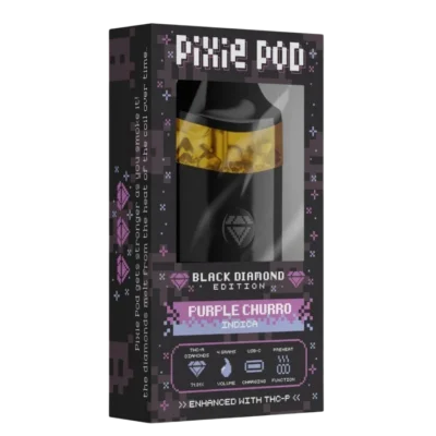 Pixie Pod Black Diamond Edition disposable vape 4ml Purple Churro indica strain packaging