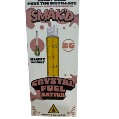 SMAK’D Honey Gold Pure THC Distillate Syringe 2g Crystal Fuel Sativa with blunt dispensing tip