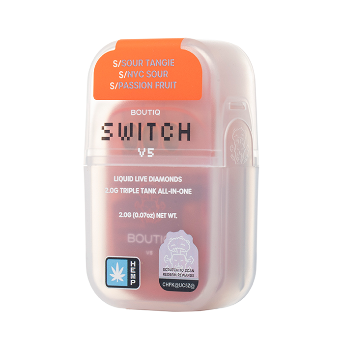 Boutiq SWITCH V5 THCA Disposable 2G Sour Tangie NYC Sour Passion Fruit