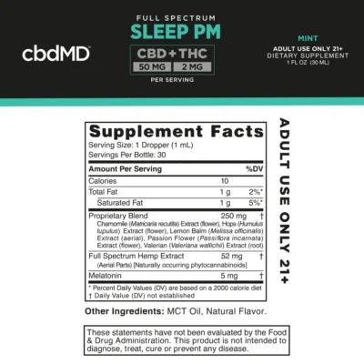 cbdMD Full Spectrum Sleep PM CBD + THC Oil Tincture Mint 50MG