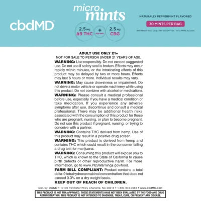 cbdMD  Delta 9 THC + CBG Micro Mints  Peppermint – 30 Count
